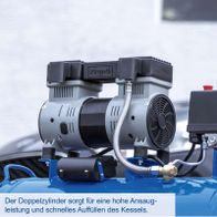 Doppelzylinder-Kompressor mit hoher Ansaugleistung für schnelles Auffüllen des Kessels