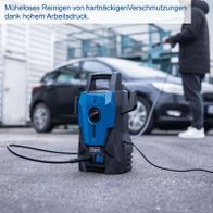 Elektro-Hochdruckreiniger mit Hinweis auf effizientes Reinigen hartnäckiger Verschmutzungen durch hohen Arbeitsdruck