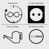 Der Inverter Stromerzeuger PISE 3400 A1 Parkside LB1 hat eine Laufzeitanzeige, eine 230 V Steckdose, eine Ölwarnanzeige und einen Energiesparschalter.