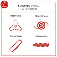Multifunktionswerkzeug mit Illustrationen für Rasentrimmer, Heckenschere, Hochentaster und Heckensäge