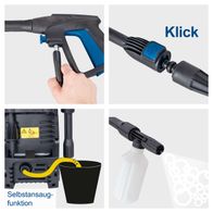 Der Scheppach Hochdruckreiniger HCE1600 verfügt über eine Klick-Funktion zum einfachen An- und Abkuppeln von Zubehör sowie eine Selbstansaugfunktion für den Einsatz von Reinigungsmitteln.