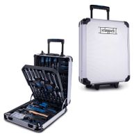 Der Werkzeugkoffer WZT187 von Scheppach enthält eine Vielzahl von Werkzeugen, darunter Schraubenschlüssel, Zangen, Schraubendreher und mehr. Er ist robust und mobil mit Rollen und Griff. Ideal für Heimwerker.