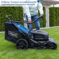 Scheppach Akku-Rasenmäher mit klappbarem Handgriff für einfaches Transportieren und Lagern