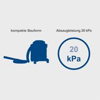 Der Scheppach AVC20 Aschesauger hat eine kompakte Bauform und eine Absaugleistung von 20 kPa.