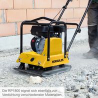 Die Rüttelplatte RP1800 eignet sich zur Verdichtung verschiedener Materialien. Sie verfügt über ein Fahrwerk und eine Gummimatte für einfache Handhabung und schonende Oberflächenbearbeitung.