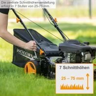 Zentrale Schnitthöhenregelung für Rasenmäher mit 7 Einstellungen zwischen 25 mm und 75 mm