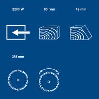 Scheppach Tischkreissäge mit technischen Daten: 2200 W Leistung, 83 mm Schnitthöhe, 49 mm Arbeitsbreite, 315 mm Arbeitslänge, mit Kreissägeblatt (36 Zähne, 0°/45° Neigung)