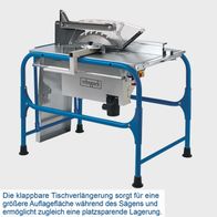 Klappbare Tischverlängerung für mehr Arbeitsfläche beim Sägen, platzsparende Lagerung