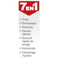 The petrol lawnmower MS173-51E by Scheppach features: cutting, collection, mulching, side ejection, quick wash connection, autotractee, hybrid start.