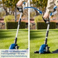 Ergonomische Teleskopführung mit 270 mm Verstellbarkeit für komfortable Arbeitshaltung beim Scheppach Akku-Rasentrimmer.