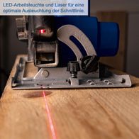 Die Akku-Handkreissäge C-HCS165-X von Scheppach verfügt über eine LED-Arbeitsleuchte und einen Laser für eine optimale Ausleuchtung der Schnittlinie.