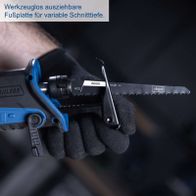 Akku-Säbelsäge mit ausziehbarem Fußprofil für variable Schnitttiefe