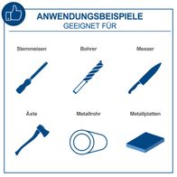 Anwendungsbeispiele für den Doppelschleifer BG200: Geeignet für Stemmeisen, Bohrer, Messer, Äxte, Metallrohre und Metallplatten.