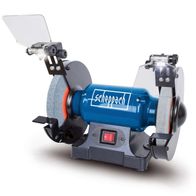 Scheppach Doppelschleifer SM200L mit LED-Beleuchtung. Die Maschine wird von vorne gezeigt. Sie verfügt über zwei Schleifscheiben und einen Ein-/Ausschalter.