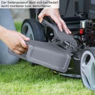 Der Seitenauswurf des Scheppach Rasenmähers lässt sich bei Bedarf leicht montieren bzw. demontieren. Diese Funktion ermöglicht eine einfache Anpassung des Mähers an verschiedene Anforderungen und Arbeitsbedingungen.