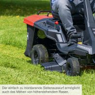 Der Benzin-Aufsitzrasenmäher MR200-61 von Scheppach ermöglicht einfaches Mähen von höherstehendem Rasen durch den einfach zu montierenden Seitenauswurf.