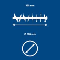 Technische Spezifikationen: Länge 380 mm, Durchmesser 128 mm mit Drehrichtung
