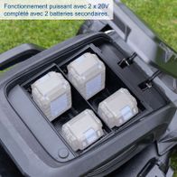 The battery-powered lawnmower BC-MP470-X by Scheppach operates with two 20V batteries and is equipped with two secondary batteries.