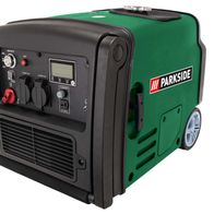 Scheppach Generator mit digitalem Display und verschiedenen Anschlüssen. Grüner und schwarzer Generator mit Griff und Rädern für einfache Mobilität.