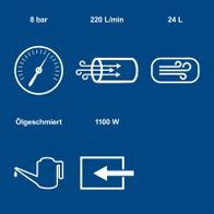 Technische Datenblatt für Kompressor mit 8 bar Druck, 220 Liter/Minute, 24 Liter Volumen, Ölgeschmiert, 1100 Watt Leistung und Luftabwärtsrichtung