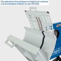 Patentierte Schutzklappe für sicheres Arbeiten an der Scheppach-Wippkreissäge HS720B