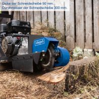 Scheppach-Baumstumpffräse mit Messwertangaben: Schneidbreite 90 mm, Durchmesser 300 mm