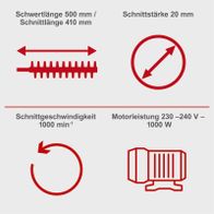 Technische Datenblatt für Elektro-Heckenschere: Schwertlänge 500/410 mm, Schnittgeschwindigkeit 1000 min⁻¹, Motorleistung 230–240 V, 1000 W