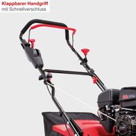 Der Benzin Vertikutierer SC50Vario Scheppach verfügt über einen klappbaren Handgriff mit Schnellverschluss für einfache Handhabung und Lagerung.