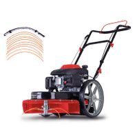 Der Scheppach Wiesenmäher HMP161-56 mit 56 cm Schnittbreite, 40-95 mm Schnitthöhe und 800 m²/h Flächenleistung. Inklusive 10 Ersatzfäden. Gezeigt von der Seite.