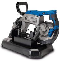 Metallbandsäge MBS1200xt Scheppach, seitliche Ansicht, graue und blaue Maschine mit schwarzem Griff.