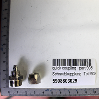 Ein Scheppach-Quick-Coupling Teil 908 mit der Artikelnummer 5908603029. Zwei Metallteile sind neben einem Maßstab mit Zentimeter- und Millimeterangaben abgebildet.
