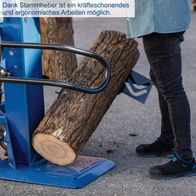 Holzspalter mit ergonomischem Stammheber für kraftschonendes Arbeiten, dargestellt mit Person und Logeinsatz