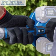 Die Akku Heckenschere BC-HT720-X von Scheppach bietet einen drehbaren Kopf mit einem Bereich von -90° bis +90°, was eine flexible Anpassung an verschiedene Schneidwinkel ermöglicht. Der Kopf kann einfach gedreht werden, um präzise Schnitte zu erzielen.