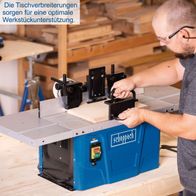 Die Tischverbreiterungen sorgen für eine optimale Werkstückunterstützung. Die Fräsmaschine HF50 von Scheppach bietet eine Spindelhöhe von 40mm und ist mit Spannzangen in den Größen 6, 8 und 12mm kompatibel.