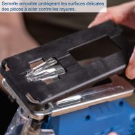 The cordless jigsaw C-JS220-X by Scheppach features a removable sole that protects delicate surfaces from scratches.