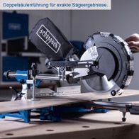 Doppelschlitten-Mitersäge mit präziser Führung für exakte Schnittarbeiten, inkl. integrierter Messskala
