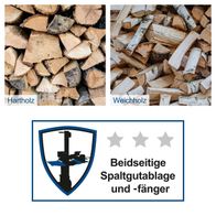 Holzspalter mit Abwurfstellen für Hart- und Weichholz, inkl. Symbol für bidirektionale Spaltgutablage und Fänger