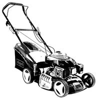 Scheppach Rasenmäher MP141-46, seitliche Ansicht, 141cc Motor, schwarzer Kunststoffbehälter.