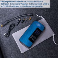 Der Akku-Handkompressor AC10/8V Scheppach inkl. Druckluftschlauch, Ballnadel, 2x konischer Adapter, 1x Dunlopventil, USB-C auf USB-A Ladekabel und Aufbewahrungstasche.