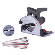 Tauchsäge PX-TS-55 Practixx mit 55mm Schnitttiefe, inkl. 3x 500mm Schiene und Zubehör, 2 Sägeblätter mit 48 Zähnen. Gezeigt von der Seite mit Griffen und Sägeblatt. Die Sägeblätter sind für präzises Schneiden konzippen geeignet.