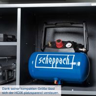 Kompressor HC06 von Scheppach mit kompakter Bauweise für platzsparende Lagerung, inkl. Zubehör und Schlauch.