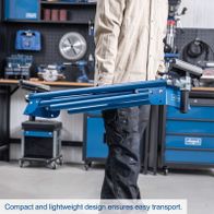 The Universal Mitre Saw Stand UMF2000 by Scheppach is compact and lightweight, ensuring easy transport. It has a height of 845 mm and a support width of 1.16 to 2.0 m. The load capacity is 250 kg.