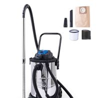 Elektro Nass-/Trockensauger VC50 von Scheppach. Gezeigt von der Seite mit Zubehör wie Schlauch, Filter und Düsen.