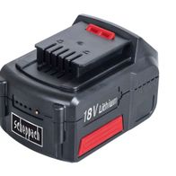 Scheppach Akku BP4A-Li18V, Lithium-Ionen-Akku mit 18V, schwarz und rot, von vorne gezeigt.