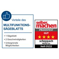 Vorteile des Multifunktions-Sägeblatts: 1 Sägeblatt, 2 Geschwindigkeiten, unbegrenzte Möglichkeiten. Bewertung: Gut (3 von 5 Sternen). Produkt: Tischkreissäge HS112-2x von Scheppach.