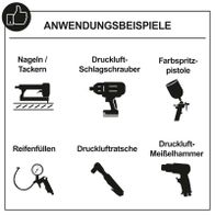 Beispiele für typische Anwendungen von Scheppach-Kompressoren: Nageln/Tackern, Druckluftschrauber, Farbsprühanlage, Reifenauffüllen, Druckluft-Ratsche, Druckluft-Meißelhammer