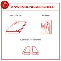 Das Produkt ist eine Tauchsäge mit verschiedenen Anwendungsbeispielen. Gezeigt werden Holzplatten, Bohlen und Laminat/Paneele. Die Tauchsäge eignet sich für präzises Schneiden dieser Materialien.