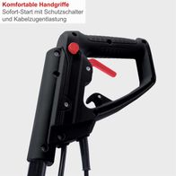 Komfortable Handgriffe, Sofort-Start mit Schutzschalter und Kabelzugentlastung.