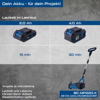 Batterie-Rasenmäher BC-MP220-X mit Laufzeitvergleichen für Akkuladung (20 Ah vs. 40 Ah) und Betriebzeiten (15 min vs. 30 min)
