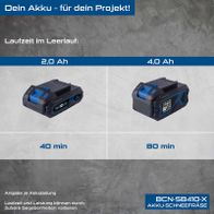 Beschreibung der Akku-Leistung und Laufzeit für Schneefräse-Modelle mit 2,0 Ah und 4,0 Ah Batterie